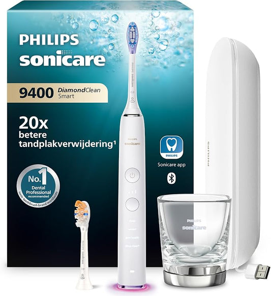 Philips Sonicare DiamondClean Smart 9400 elektrische tandenborstel, sonische tandenborstel met app, druksensor, opzetborsteldetectie, 4 poetsmodi en 3 intensiteitsniveaus, wit, model HX9917/88