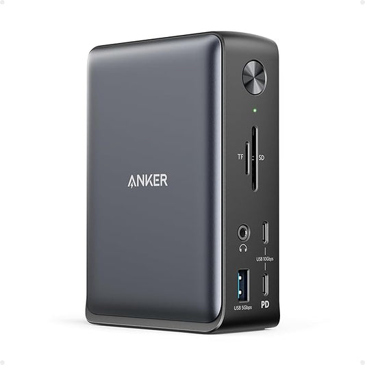 Anker Docking station, PowerExpand 13-in-1 USB-C Dock voor USB-C laptops, 85W opladen voor laptop, 18W opladen voor telefoon, 4K HDMI, 1 Gbps Ethernet, Audio, USB-A Gen 1, USB-C Gen 2, SD 3.0