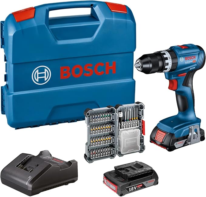 Bosch Professional 18V System accuklopboorschroevendraaier GSB 18V-45 (toerental van 1900 min-1, 2 x 2,0Ah-accu's, accessoires, GAL 18V-20, L-Case) - Amazon Exclusive