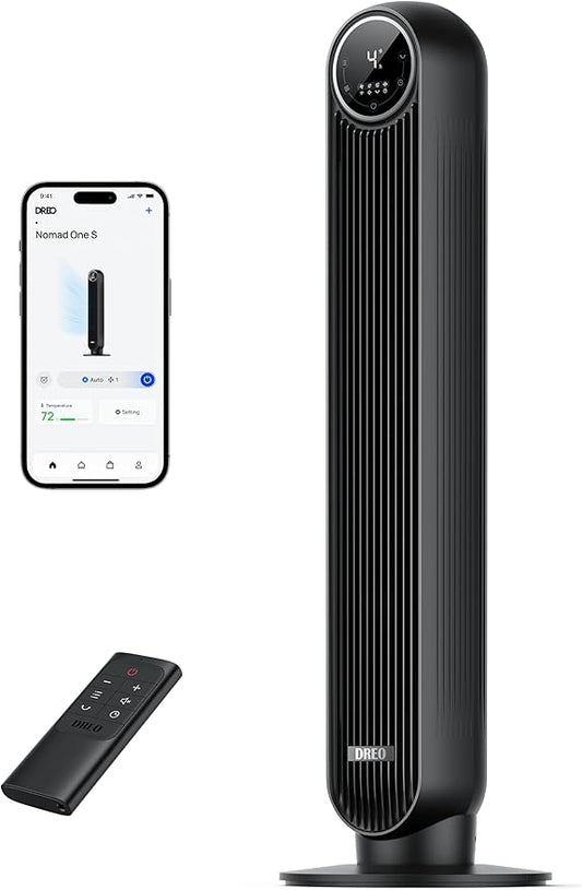 Dreo Smart stille torenventilator, app en spraakbediening, 90° oscillerende ventilator met afstandsbediening, 4 modi, 4 snelheden, 8 uur timer, Nomad One S, zwart