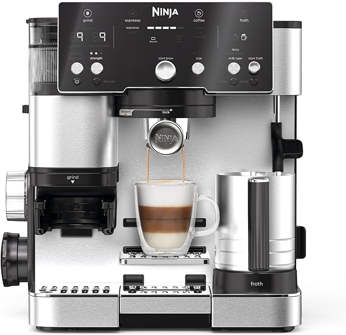 Ninja Luxe Essential 2-in-1 Koffiezetapparaat, Latte, Cappuccino & Espressomaker Met Ingebouwde Koffiemolen & melkschuimer, Gebruiksvriendelijk, 2 Geautomatiseerde Opschuimstanden, Zilver, ES501EU