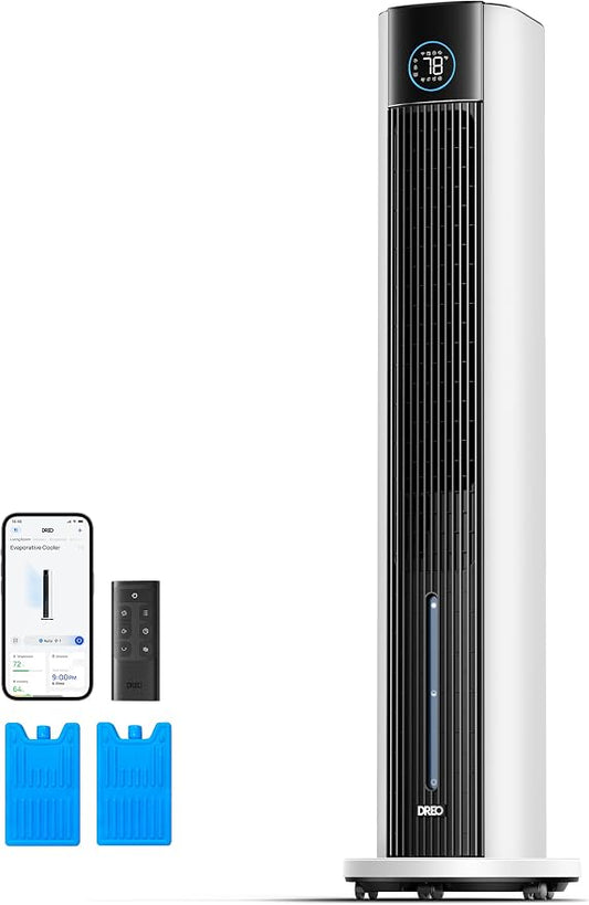 DREO Torenventilator met waterkoeling, 110 cm luchtkoeler met waterkoeling, stil, 4 snelheden, 4 modi, verdampingskoeler, app-bediening, ijszak, 80 graden oscillatie, 12-uurs timer, wit