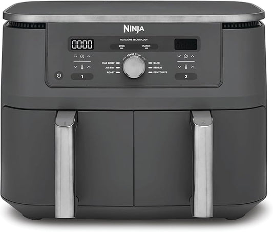Ninja MAX Dual Zone digitale airfryer, 2 lades, 9.5L, 6-in-1, gebruikt geen olie, Airfryen, Max Crisp, Braden, Bakken, Opwarmen, Drogen, antiaanbaklaag, manden voor vaatwasser, Gunmetalgrijs DZ400EU