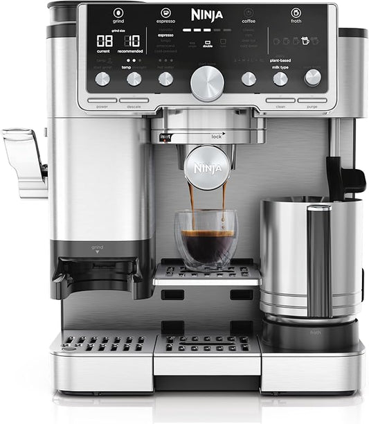 Ninja Luxe Pro 3-in-1 Koffiezetapparaat, Latte, Cappuccino, Cold Brew & Espressomaker, Ingebouwde Bonenmaler & melkschuimer, Gebruiksvriendelijk, 5 Automatische Opschuimstanden, Zilver, ES701EU