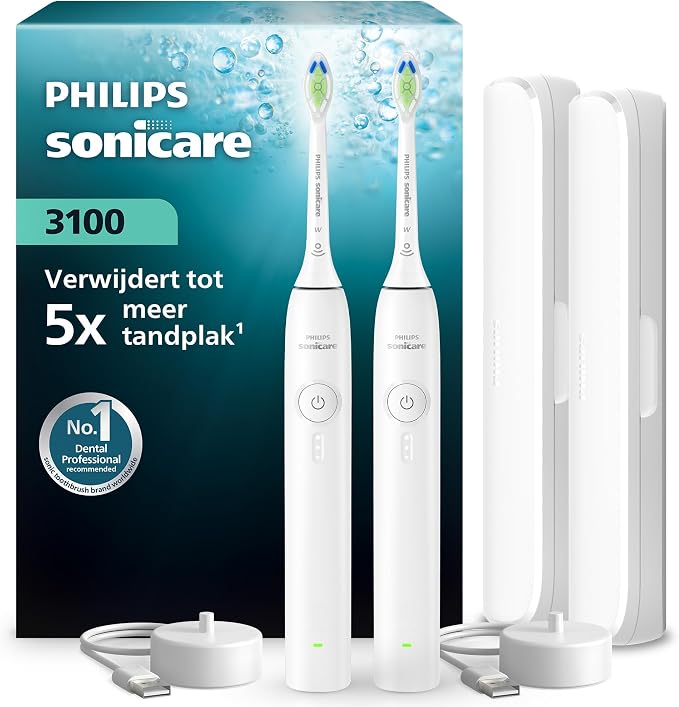 Philips Sonicare 3000 Series Elektrische Tandenborstel – Sonische Tandenborstel, Druksensor, 3 Intensiteiten, EasyStart, SmarTimer, 14 dag. Gebruiksduur, Reisetui, Wit, Set van 2, HX4072/41, [Nieuw]
