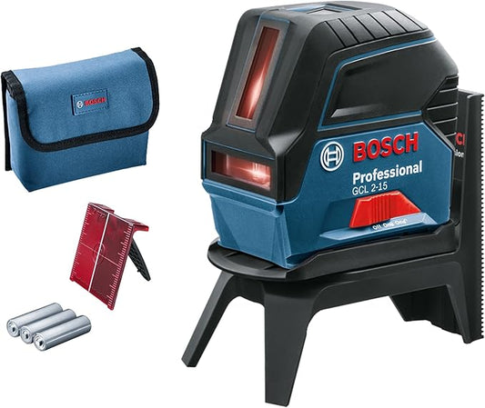 Bosch Professional Kruislijnlaser GCL 2-15 (rode laser, met loodpunten, werkbereik: 15 m, 3 AA-batterijen, draaihouder RM 1, laserrichtbord, opbergtas)