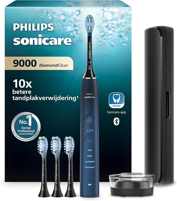 Philips Sonicare DiamondClean 9000 Series elektrische tandenborstel - sonische borstel, schonere tanden en mondverzorging, donkerblauw, 4x C3 Premium Plaque Control-opzetborstel (model HX9911/89)