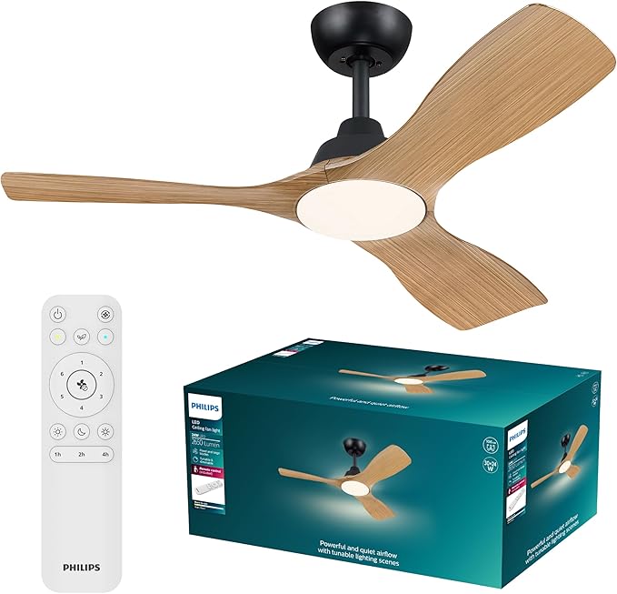 Philips Olas Plafondventilator met LED-verlichting, 3 bladen, diameter 107 cm, 2650 Lumen, instelbaar wit licht van 3000 K tot 6500 K, dimbaar tot 5%, inclusief afstandsbediening, zwart/hout