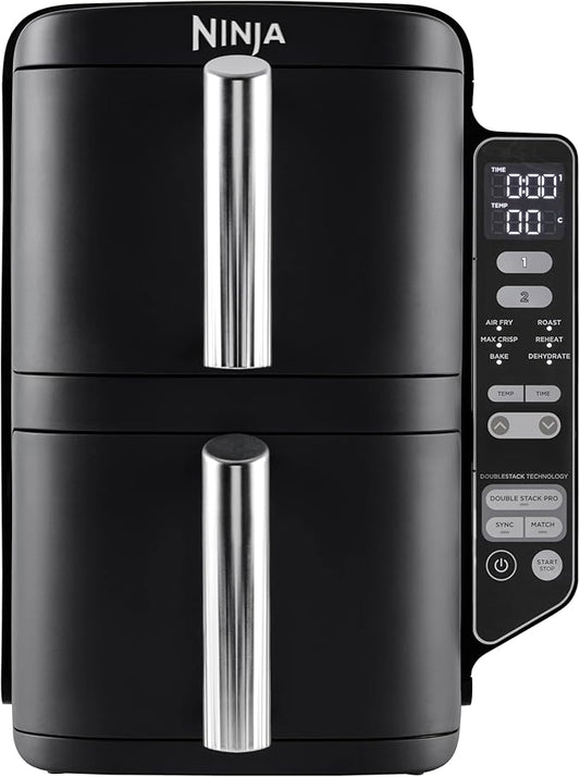 Ninja Double Stack Airfryer, Verticale Friteuse met Dubbele Lades en 4 Kookniveaus, 2 Lades en 2 Rekken, Ruimtebesparend Ontwerp, 7,6 Liter Inhoud, 6 Kookfuncties, 6 Porties, Grijs SL300EU