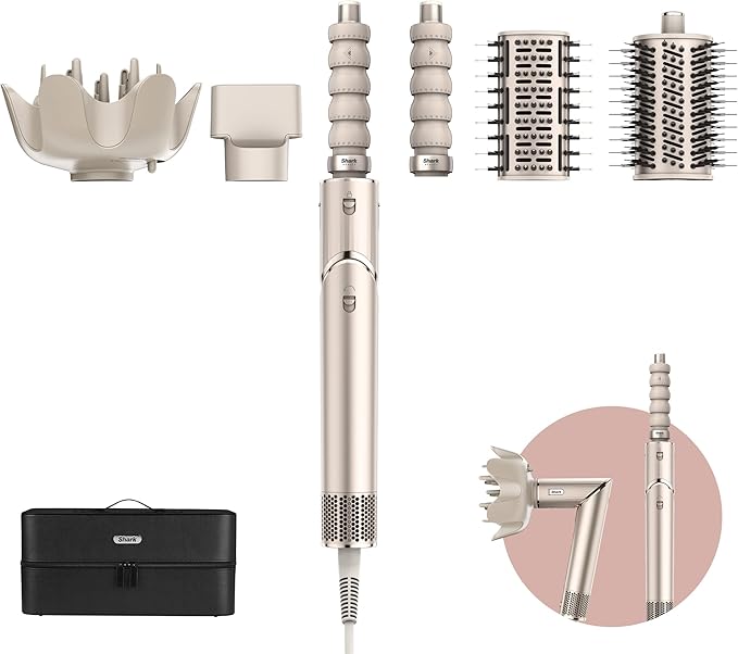 Shark FlexStyle 5-in-1 Airstyler & Haardroger, Automatische Krullers, Platte Borstel, Ovale Borstel, Concentrator, Diffuser, Bewaarhoes, Geen Hittebeschadiging, Champagne HD426SLEU