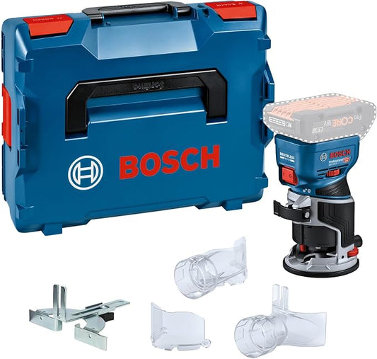 Bosch Professional 18V System accubovenfreesmachine GKF 18V-8 (incl. parallelgeleider, 2 afzuigadapters voor frezen, spaanbescherming, 8 mm spantang, sleutel, L-BOXX, zonder accu/oplader)
