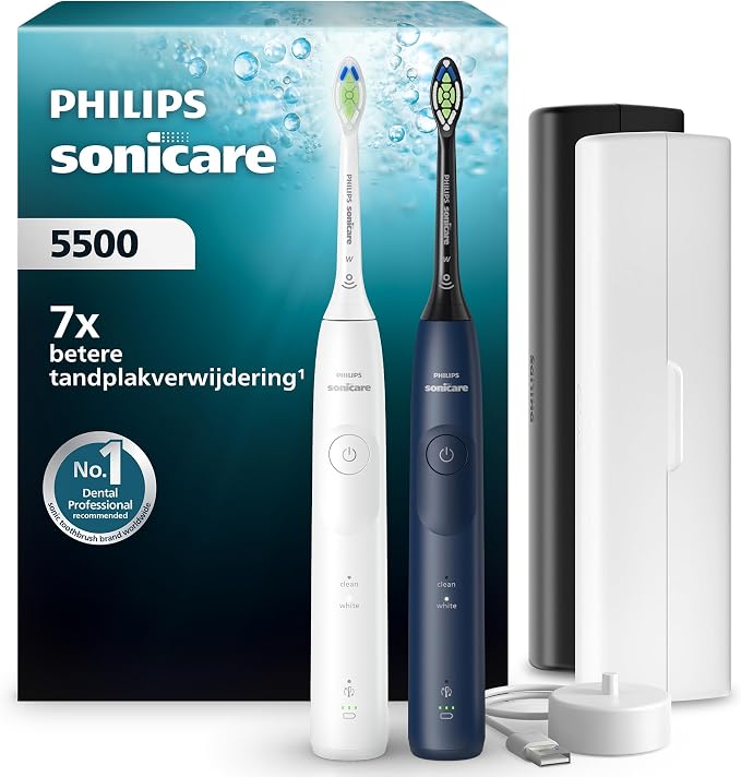 Philips Sonicare 5500 elektrische tandenborstel, sonische tandenborstel met 2 standen, drukwaarschuwing, EasyStart, SmartTimer, wit en marineblauw, 2 pack, model HX7119/01 [Nieuwe Technologie]
