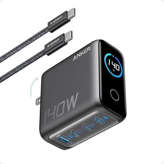 Anker 140 W USB-C-oplader, laptopoplader, 4-poorts snel opladen met meerdere apparaten, geavanceerde GaN-voedingsadapter, intuïtieve aanraakbediening, voor MacBook, iPhone 16-serie, Samsung Galaxy