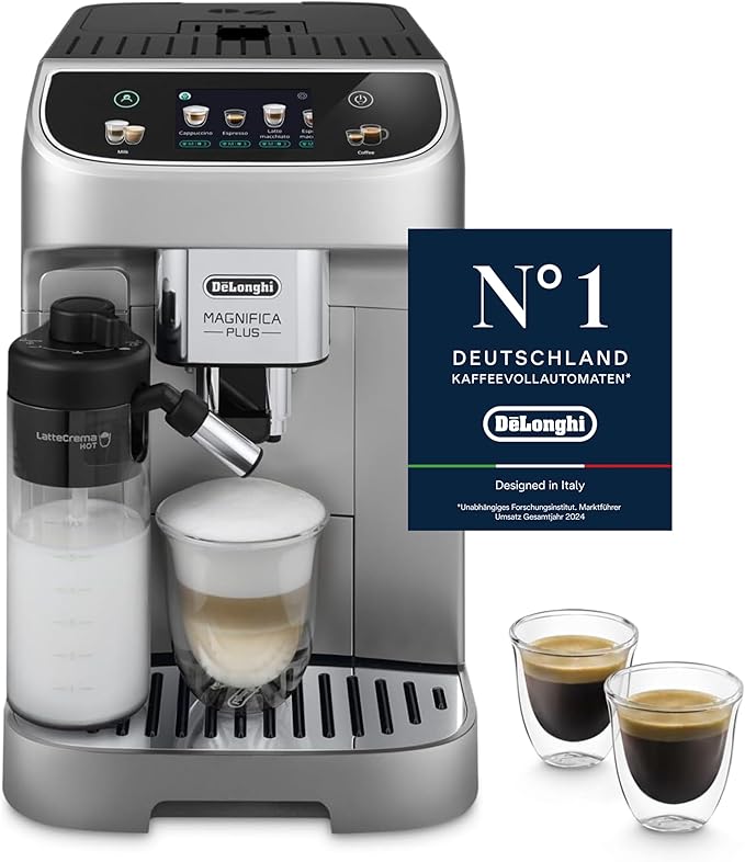 De'Longhi Magnifica Plus - Perfetto volautomatisch koffiezetapparaat met LatteCrema melkopschuimer, 18 One-Touch-dranken, gekleurd touch-display, zilver zwart (ECAM322.70.SB)