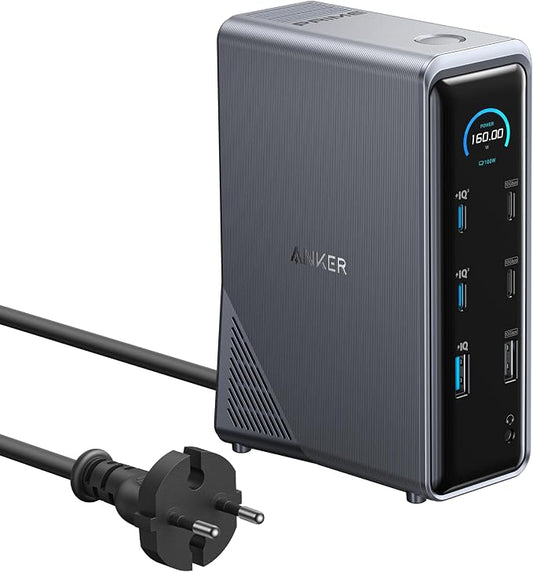 Anker Prime Oplaadstation, 14-poorts met maximaal 160 W uitgangsvermogen, snelle 10 Gbps gegevensoverdracht, Real-Time Smart Interface, audio- en ethernetpoorten, twee 4K-schermen voor Dell, en meer