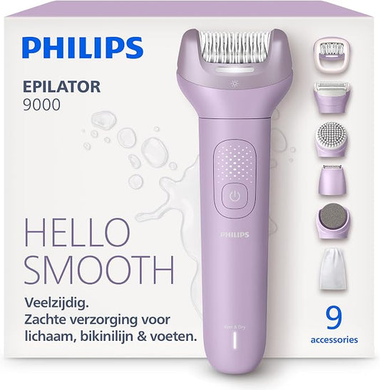 Philips Epilator Series 9000 – Draadloos Wet & Dry Elektrisch Epileerapparaat, Haarverwijdering Benen, Lichaam & Bikinilijn, ProGuide, 9 Accessoires Incl. Pedicurekop, 60 min. Gebruikstijd, BRE728/00