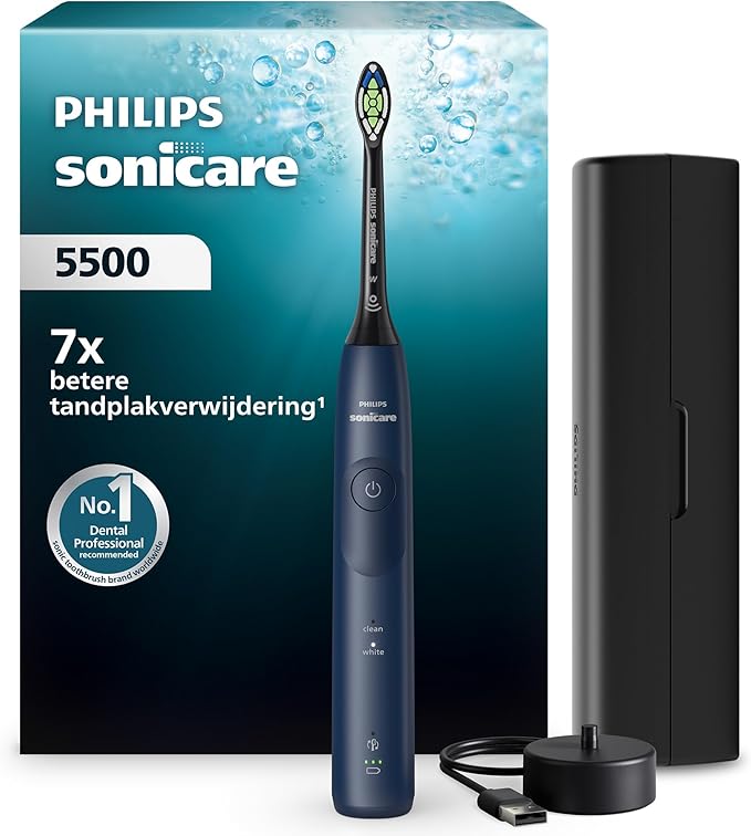 Philips Sonicare 5500 elektrische tandenborstel, sonische tandenborstel met 2 standen, drukwaarschuwing, EasyStart, SmartTimer en BrushPacer, marineblauw, model HX7113/01 [Nieuwe Technologie]