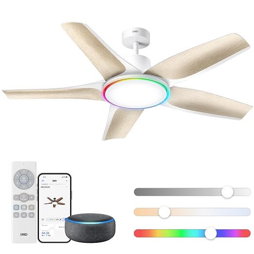 DREO Slimme plafondventilator met laag profiel met licht 132 cm, dimbare led met instelbare kleurtemperatuur, RGB-sfeerverlichting, stille DC-motor, eenvoudige installatie, wit, APP