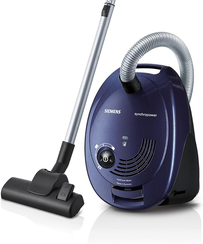 Siemens Synchropower VS06B1110 Stofzuiger met zak, hygiënefilter, vloerzuigmond voor harde vloeren en tapijt, sterke zuigkracht, lange kabel, spleetzuigmond, 700 W, blauw