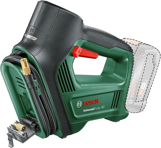 Bosch elektrische luchtpomp/luchtcompressor UniversalPump 18V (zonder accu, 18 Volt System, voor auto-, motor- en fietsbanden, 150 PSI, 10,3 bar, kartonnen verpakking)