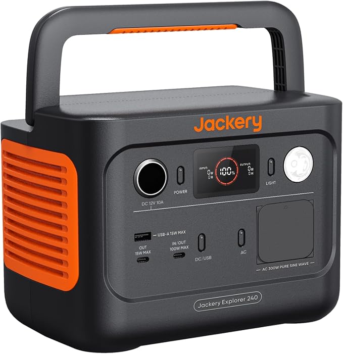 Jackery Explorer 240 V2 draagbaar energiestation, 256 Wh LiFePO4-accu, 300W AC/100W USB-C-uitgang, 1 uur snel volledig opladen via APP, zonnegenerator voor buiten, kamperen en noodgevallen