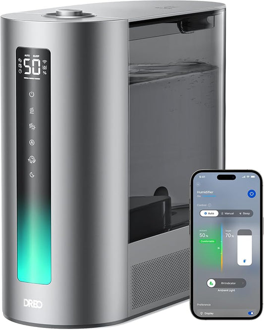 DREO 6L Slimme Luchtbevochtiger Grote kamer, Warme en Koele Mist slaapkamer Baby, 60H looptijd, Hoge precisie vochtigheidssensor, indicatielampje, etherische olieverspreider thuis, Zilver