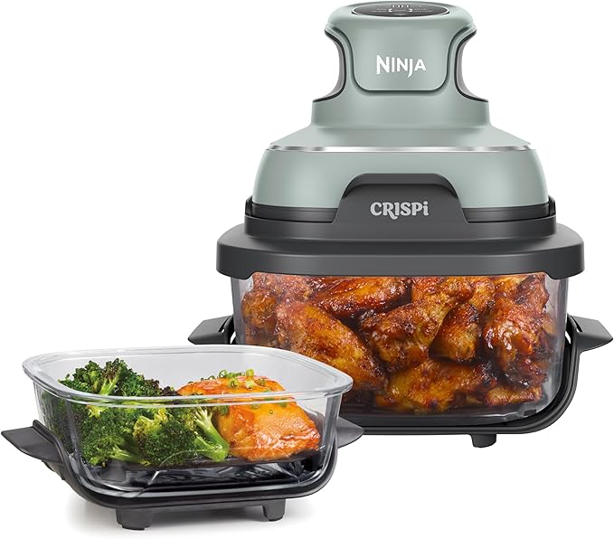 Ninja CRISPi Draagbare Airfryer, 3,8 L, 4-in-1: Airfry, Braden, Warmhouden, Krokant Opwarmen, Ruimtebesparend Compact Design, 2 Uitneembare Glazen Schalen & Deksels, 1700 W, Salie FN101EUSG