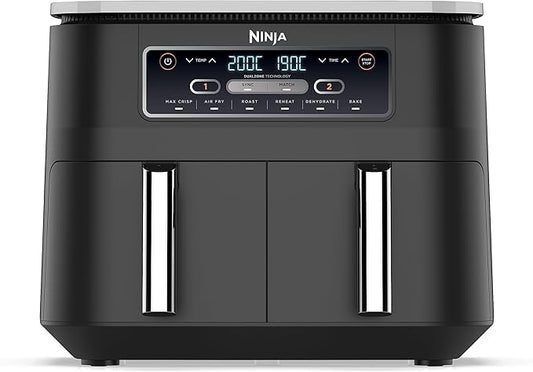 Ninja Foodi Dual Zone Digitale Airfryer, 2 Laden, 7,6L, 6-in-1, Olievrij, Airfryen, Braden, Bakken, Opwarmen, Drogen, Kookt 4-6 Porties, Vaatwasmachinebestendige Manden, Antibaklaag, Zwart AF300EU
