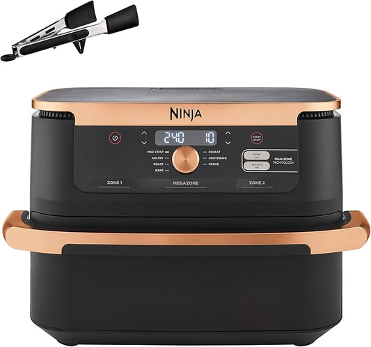 Ninja Foodi FlexDrawer Airfryer, Dubbele Zone met Verwijderbare Verdeler, Grote 10,4L Lade, 7-1, Dual Zone, Olievrij, Vaatwasmachinebestendige Onderdelen met Anti-aanbaklaag, Zwart en Koper, AF500EUCP