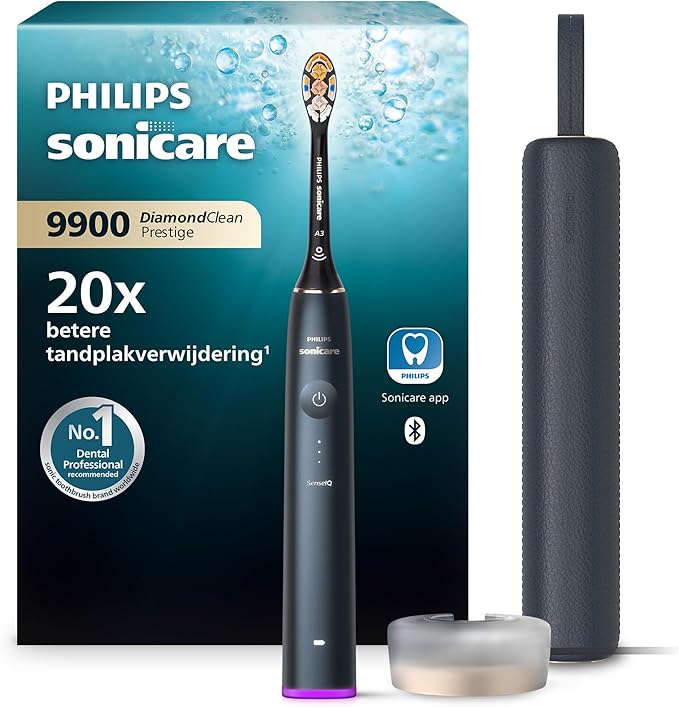 Philips Sonicare DiamondClean Prestige 9900 - sonische elektrische tandenborstel met 1 A3 Premium All-in-One opzetborstel en oplaadetui in donkerblauw (model HX9992/12)