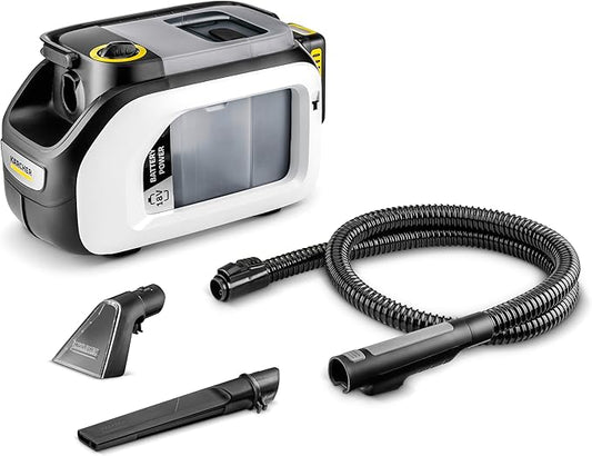 Kärcher SE 3-18 Compact White tapijtreiniger, werkt op batterijen, voor het reinigen van textiel, bekleding en bekleding, dubbele tank 1,6 liter + textielmondstuk + spleetmondstuk