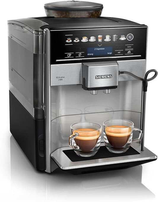 Siemens, EQ6 plus s500, TE655203RW, volautomatische koffiemachine, melksysteem, 12 koffiespecialiteiten, automatische zelfreiniging van het melksysteem, keramische molen, touchscreen, melkcontainer