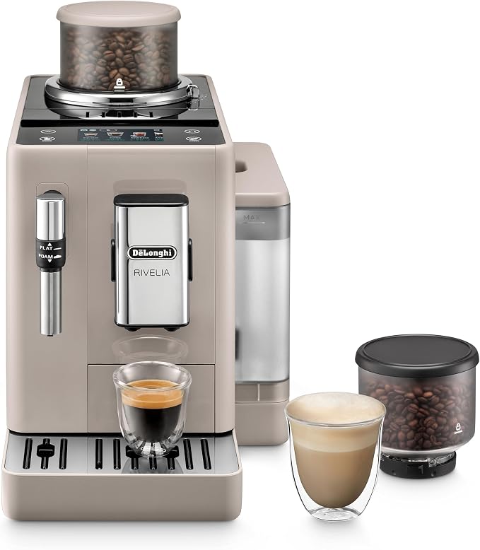 De'Longhi Rivelia EXAM440.35.BG, Volautomatische Koffiemachine, Verwisselbaar Bonenreservoir, Klassieke Melkopschuimer, 8 Recepten, Kleuren Touch Display, Beige/Zandkleurig