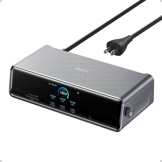 Anker Prime Docking Station met 14 poorten, drievoudig display met DisplayLink, 140 W USB-C, smart display, koeling, tot 8 K, voor macOS & Windows (DisplayLink-driver vereist)