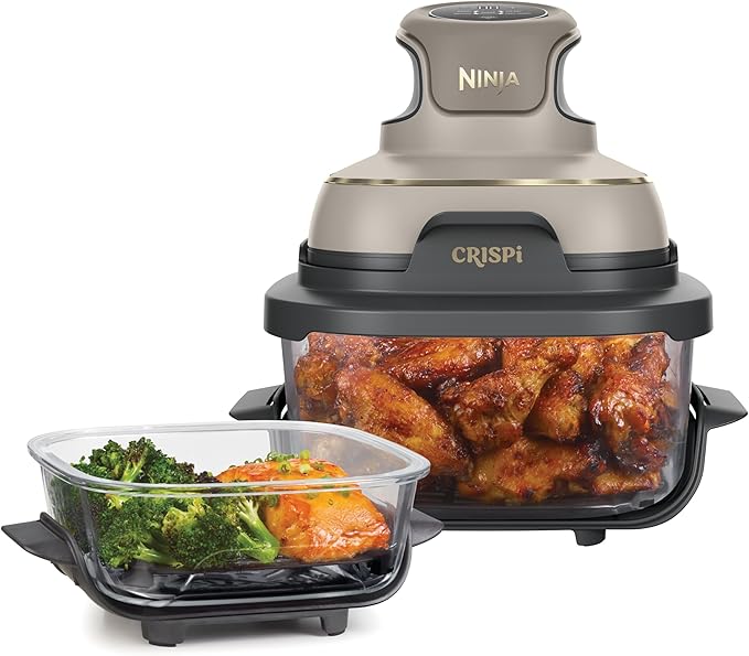 Ninja CRISPi Draagbare Airfryer, 3,8 L, 4-in-1: Airfry, Braden, Warmhouden, Krokant Opwarmen, Ruimtebesparend Compact Design, 2 Uitneembare Glazen Schalen & Deksels, Steengouden kleur FN101EUSTGD