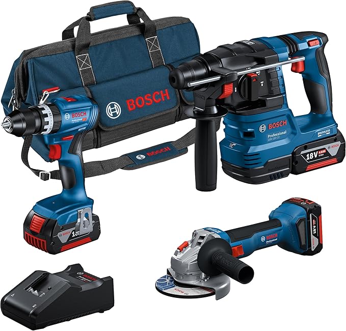 Bosch Professional 18V System accu-combiset: GSB 18V-45 + GBH 18V-22 + GWS 18V-8 (met 3 x GBA 4,0 Ah, GAL 18V-40, gereedschapstas) - Amazon Exclusive