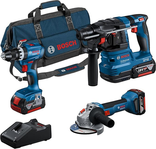 Bosch Professional 18V System accu-combiset: GSB 18V-45 + GBH 18V-22 + GWS 18V-8 (met 3 x GBA 4,0 Ah, GAL 18V-40, gereedschapstas) - Amazon Exclusive