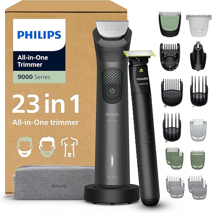 Philips Multigroom 9000-serie Alles-in-één 23-delige Trimmer, Shaver & Tondeuse + OneBlade-trimmer voor mannen – Complete Groomingset Gezicht, Hoofd & Lichaam, 27 Lengtestanden (0,2-20 mm), MG9561/30